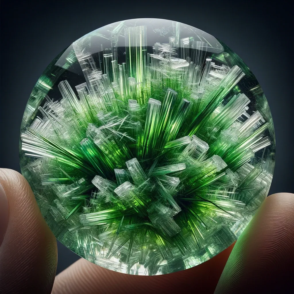 Green Rutilated Quartz characterized by its distinctive green Rutile inclusions within a transparent or slightly smoky quartz base. The g 1