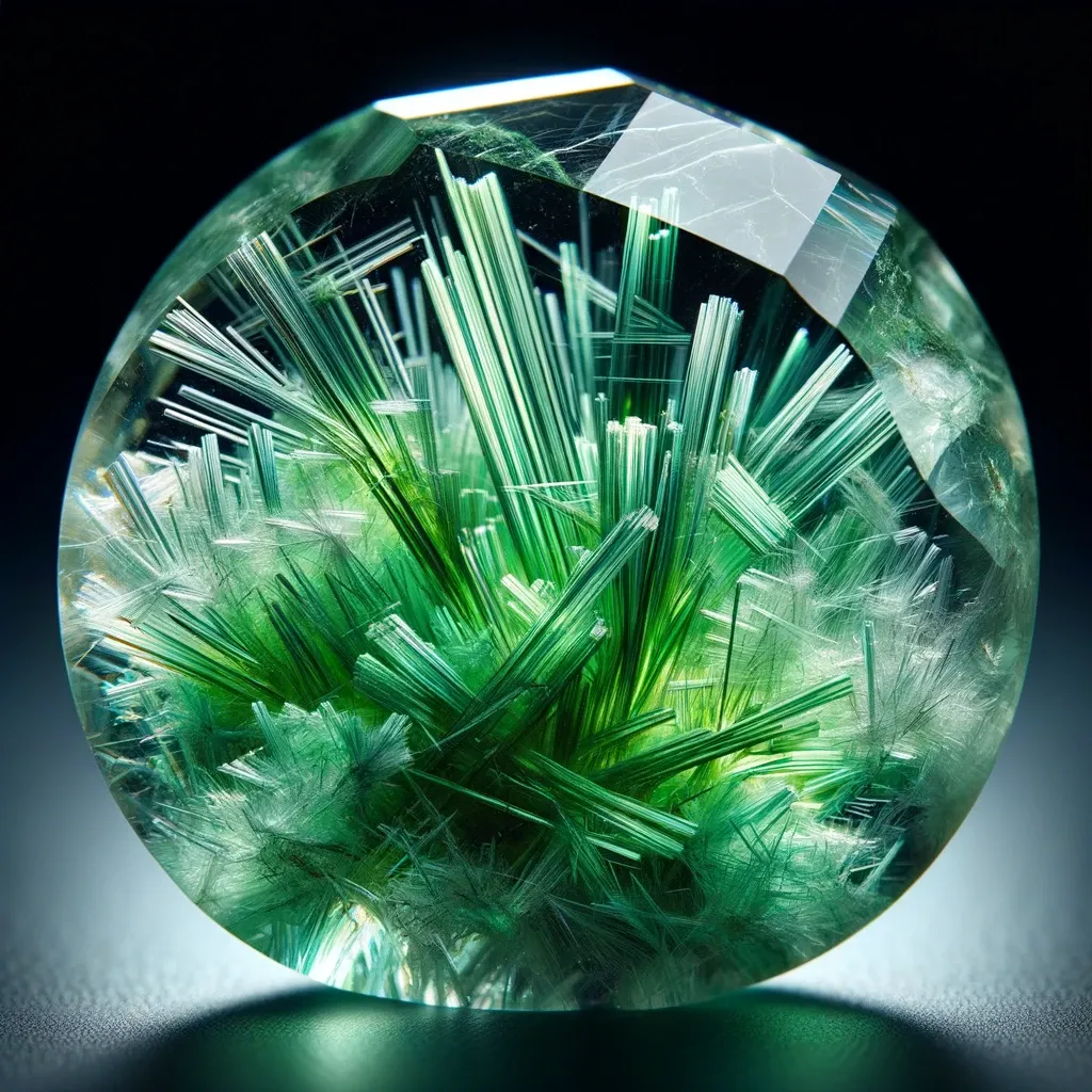 Green Rutilated Quartz characterized by its distinctive green Rutile inclusions within a transparent or slightly smoky quartz base. The g 2