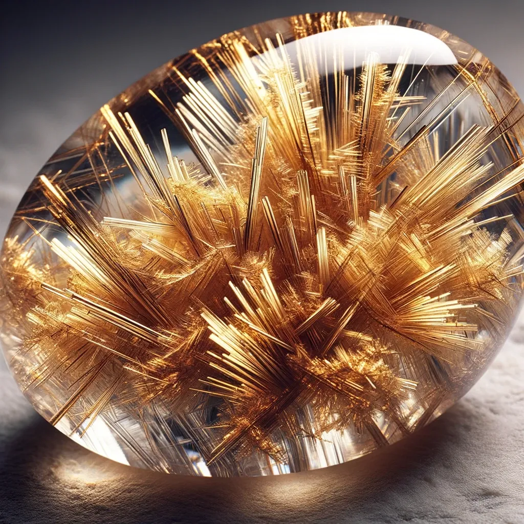 of Golden Rutilated Quartz known for its stunning and intricate golden Rutile inclusions. The quartz should display a crystal clear or sligh 2 2